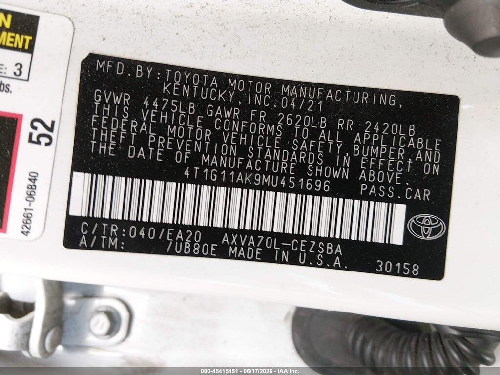 4T1G11AK9MU451696 2021 TOYOTA CAMRY photo no. 9