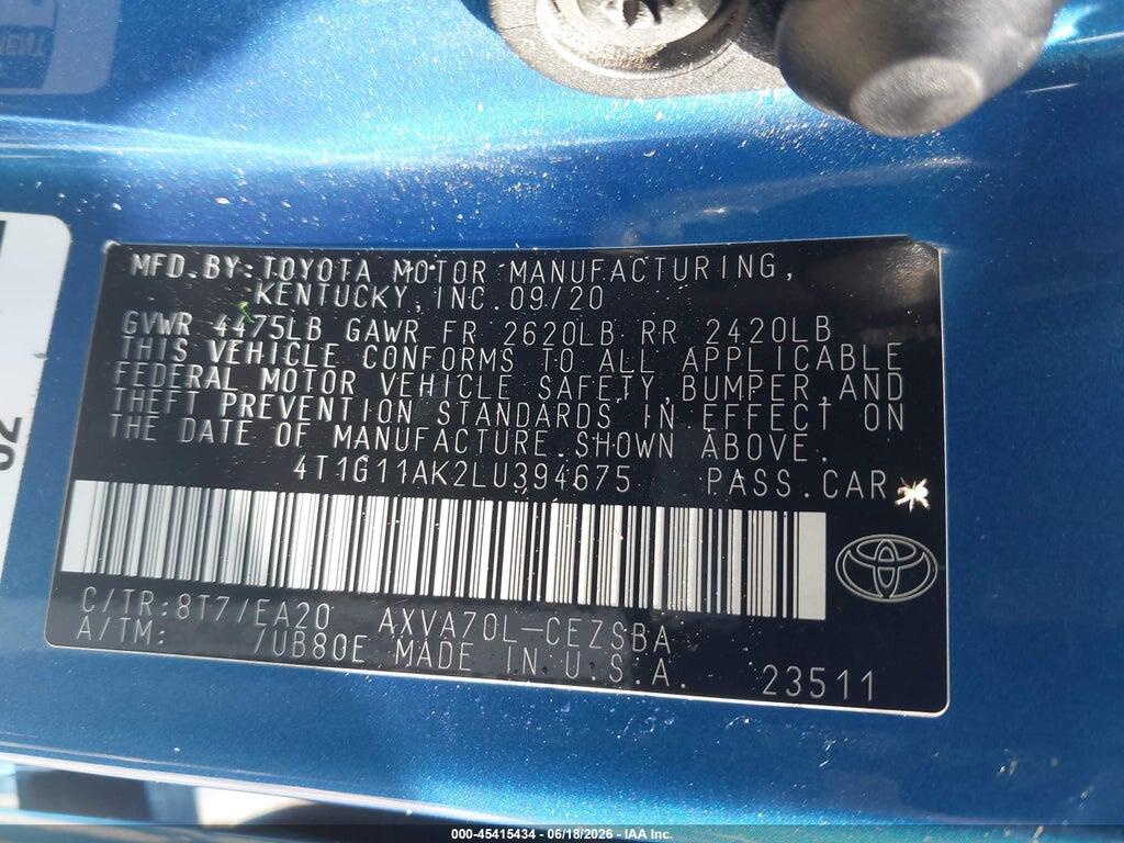 4T1G11AK2LU394675 2020 TOYOTA CAMRY photo no. 9