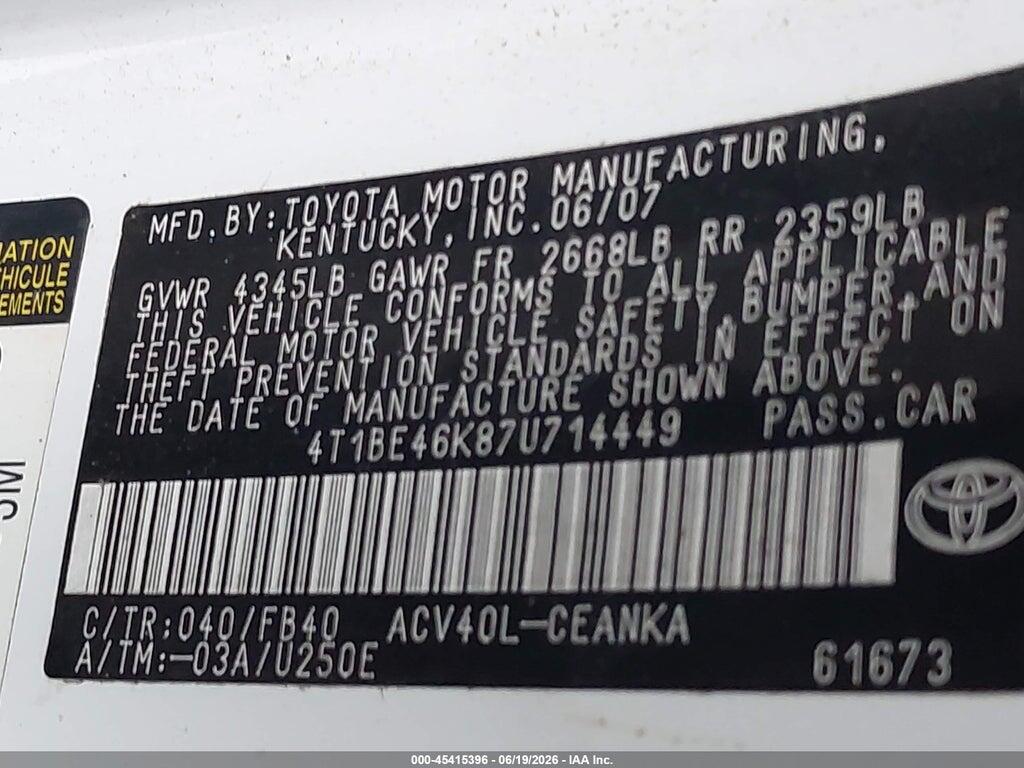 4T1BE46K87U714449 2007 TOYOTA CAMRY photo no. 9