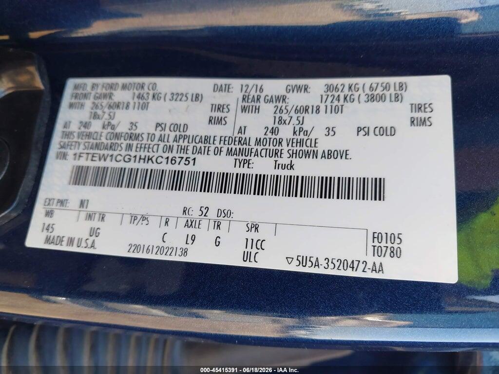 1FTEW1CG1HKC16751 2017 FORD F-150 photo no. 9