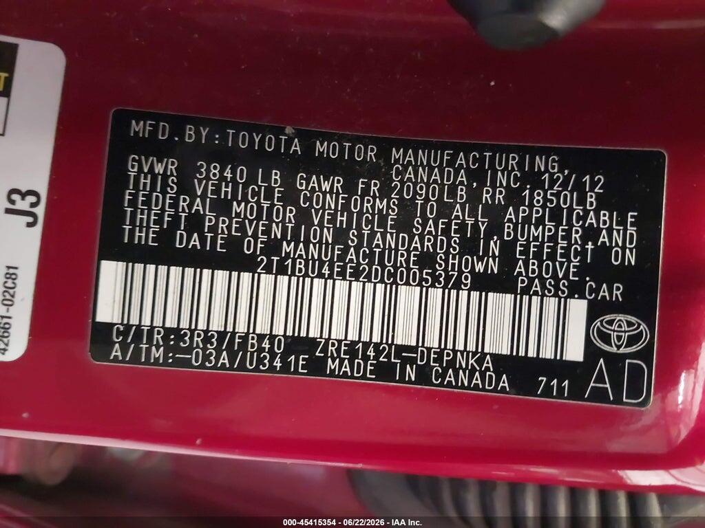 2T1BU4EE2DC005379 2013 TOYOTA COROLLA photo no. 9