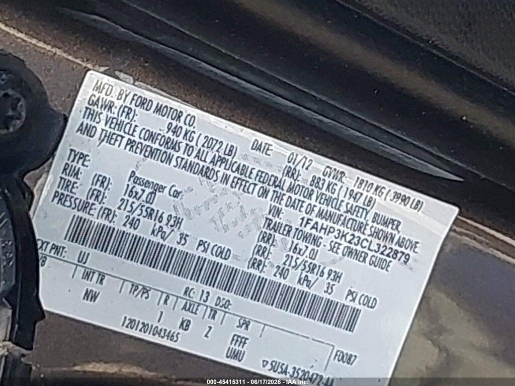 1FAHP3K23CL322879 2012 FORD FOCUS photo no. 9
