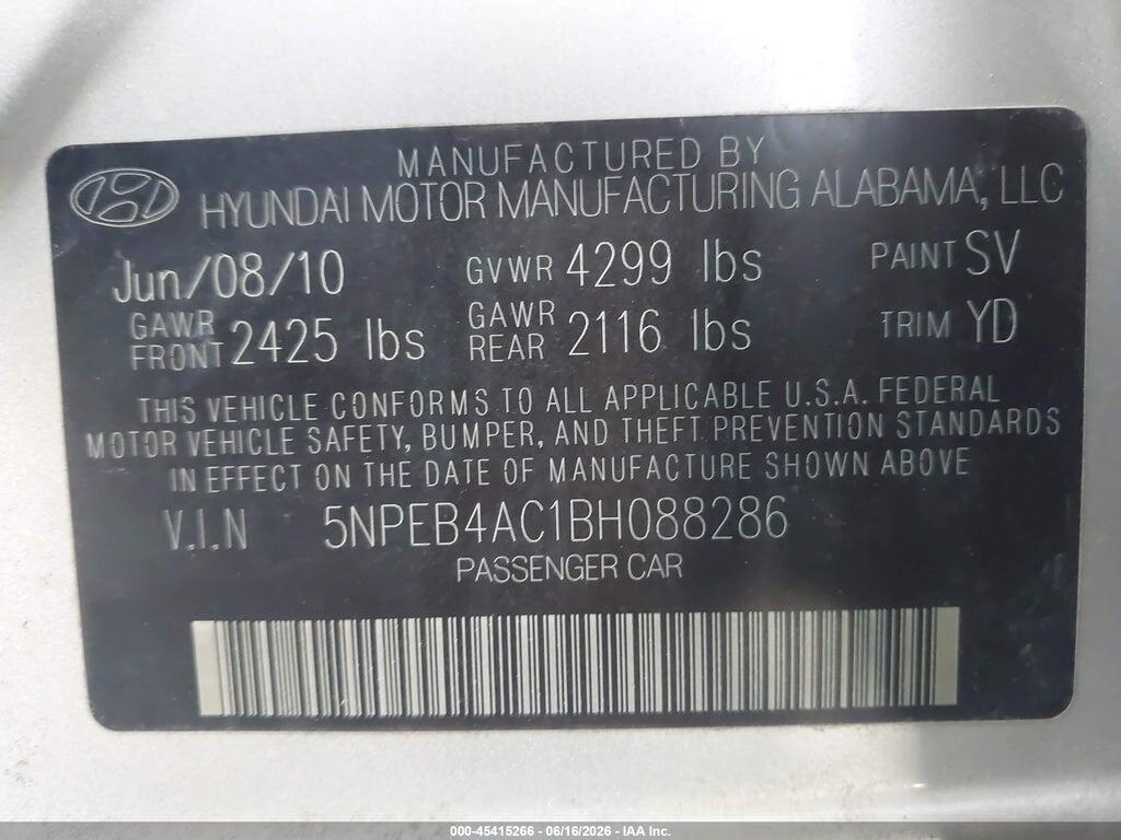 5NPEB4AC1BH088286 2011 HYUNDAI SONATA photo no. 9