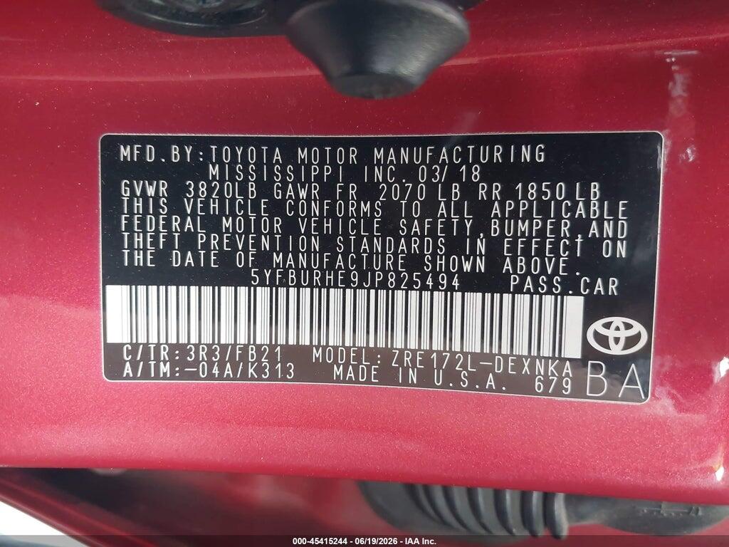 5YFBURHE9JP825494 2018 TOYOTA COROLLA photo no. 9