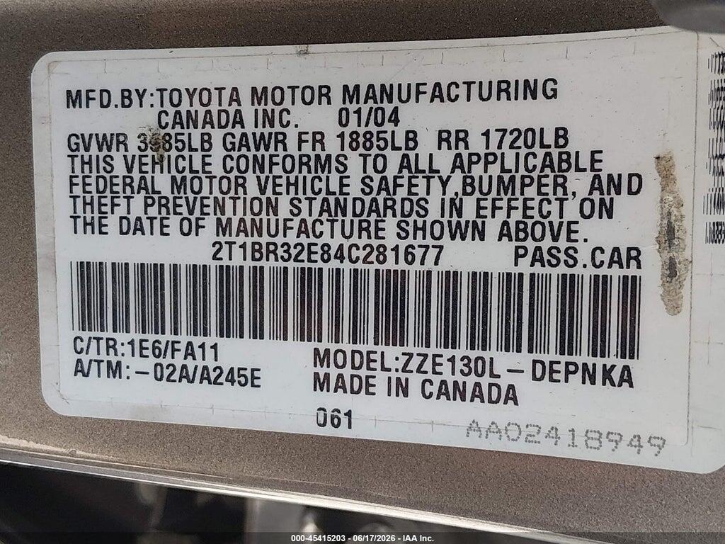 2T1BR32E84C281677 2004 TOYOTA COROLLA photo no. 9