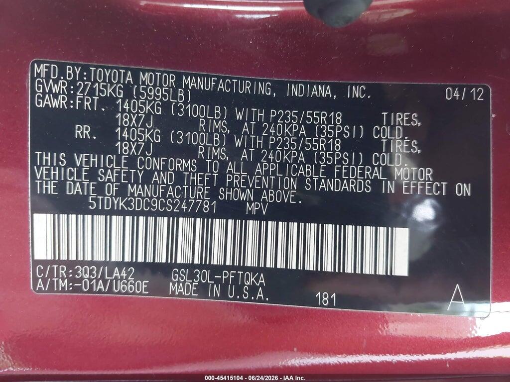 5TDYK3DC9CS247781 2012 TOYOTA SIENNA photo no. 9