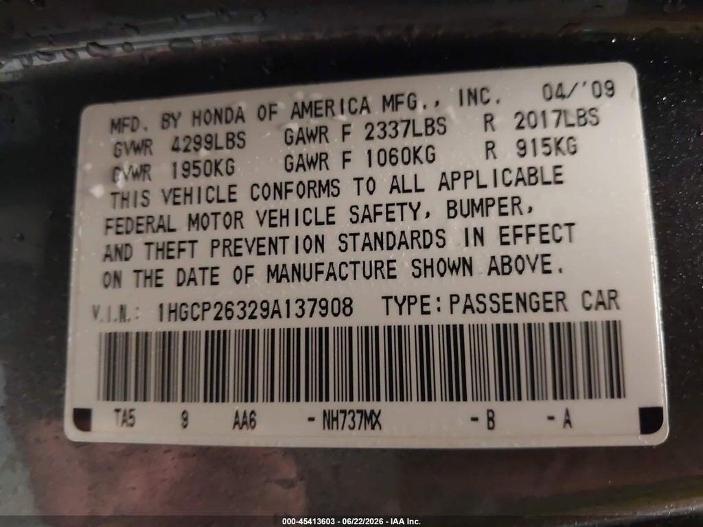 1HGCP26329A137908 2009 HONDA ACCORD photo no. 9