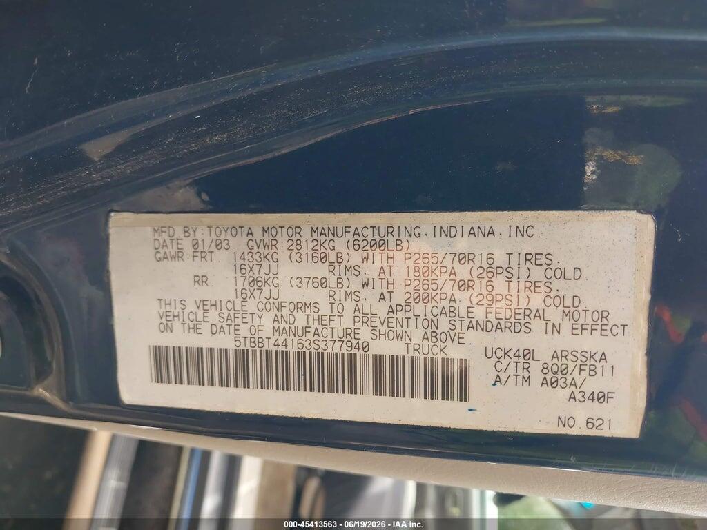 5TBBT44163S377940 2003 TOYOTA TUNDRA photo no. 9