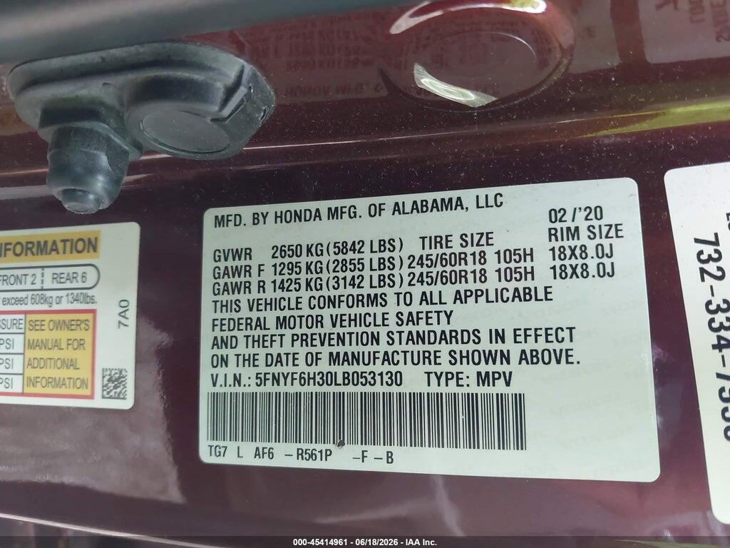 5FNYF6H30LB053130 2020 HONDA PILOT photo no. 9
