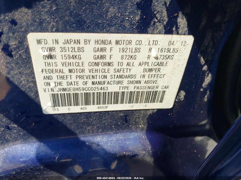 JHMGE8H59CC025463 2012 HONDA FIT photo no. 9