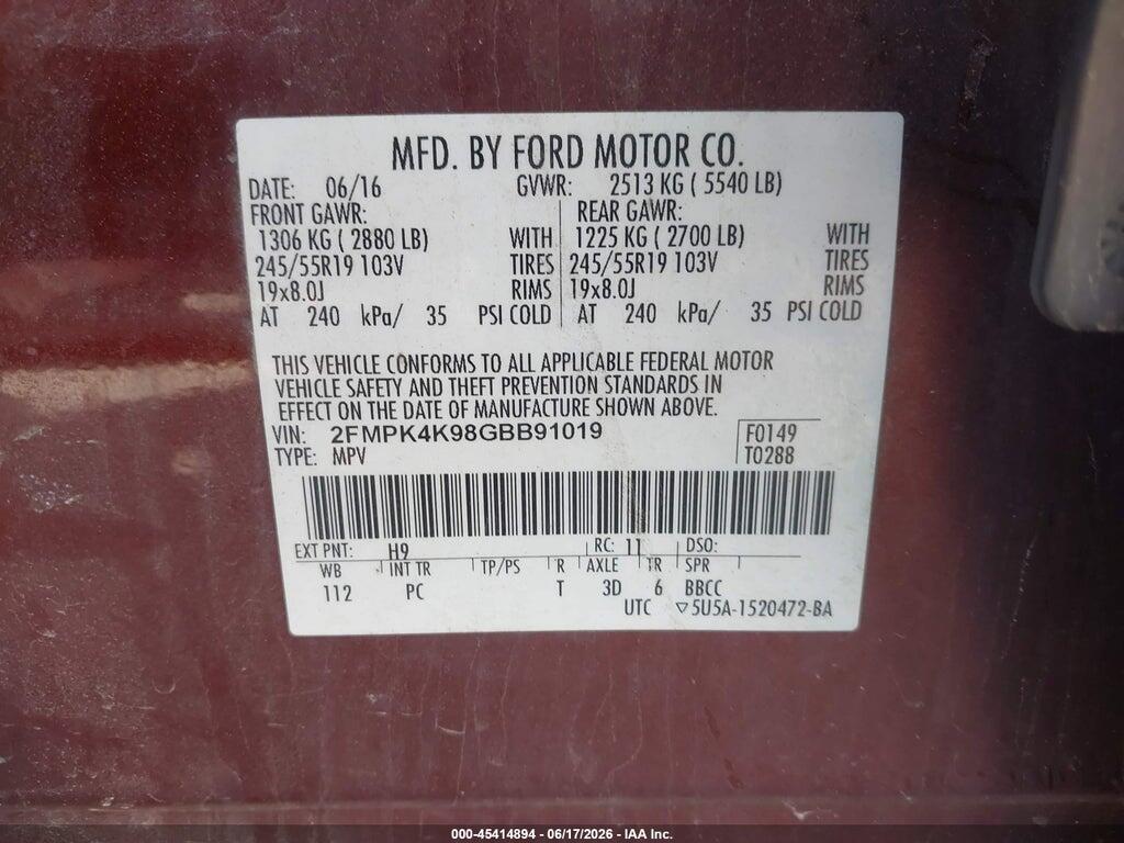 2FMPK4K98GBB91019 2016 FORD EDGE photo no. 9