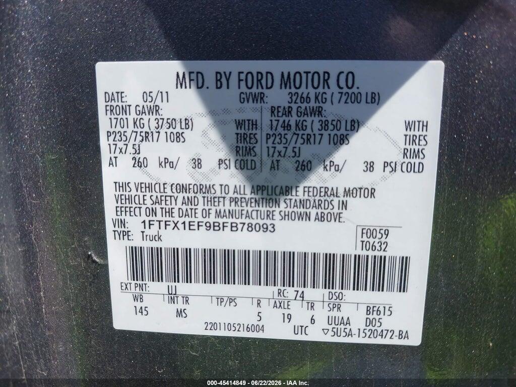 1FTFX1EF9BFB78093 2011 FORD F-150 photo no. 9