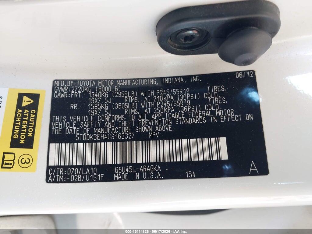 5TDDK3EH4CS163327 2012 TOYOTA HIGHLANDER photo no. 9