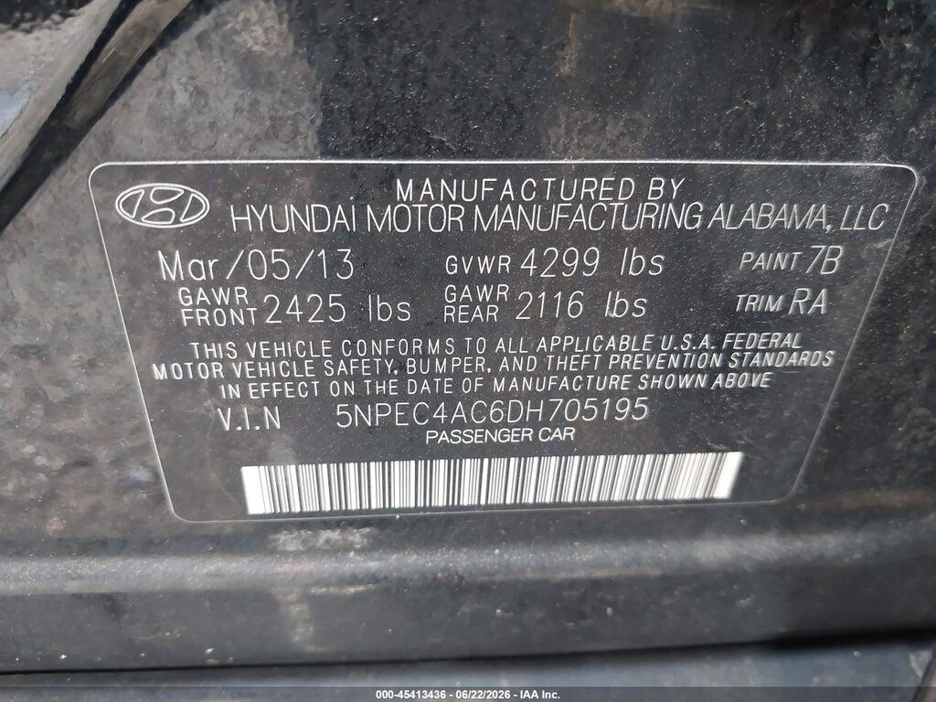 5NPEC4AC6DH705195 2013 HYUNDAI SONATA photo no. 9