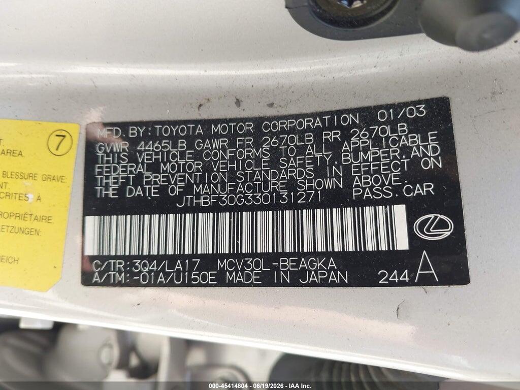 JTHBF30G330131271 2003 LEXUS ES 300 photo no. 9