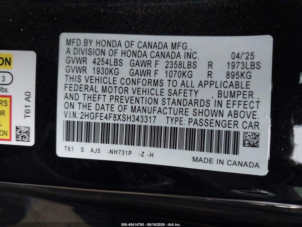 2HGFE4F8XSH343317 2025 HONDA CIVIC HYBRID photo no. 9