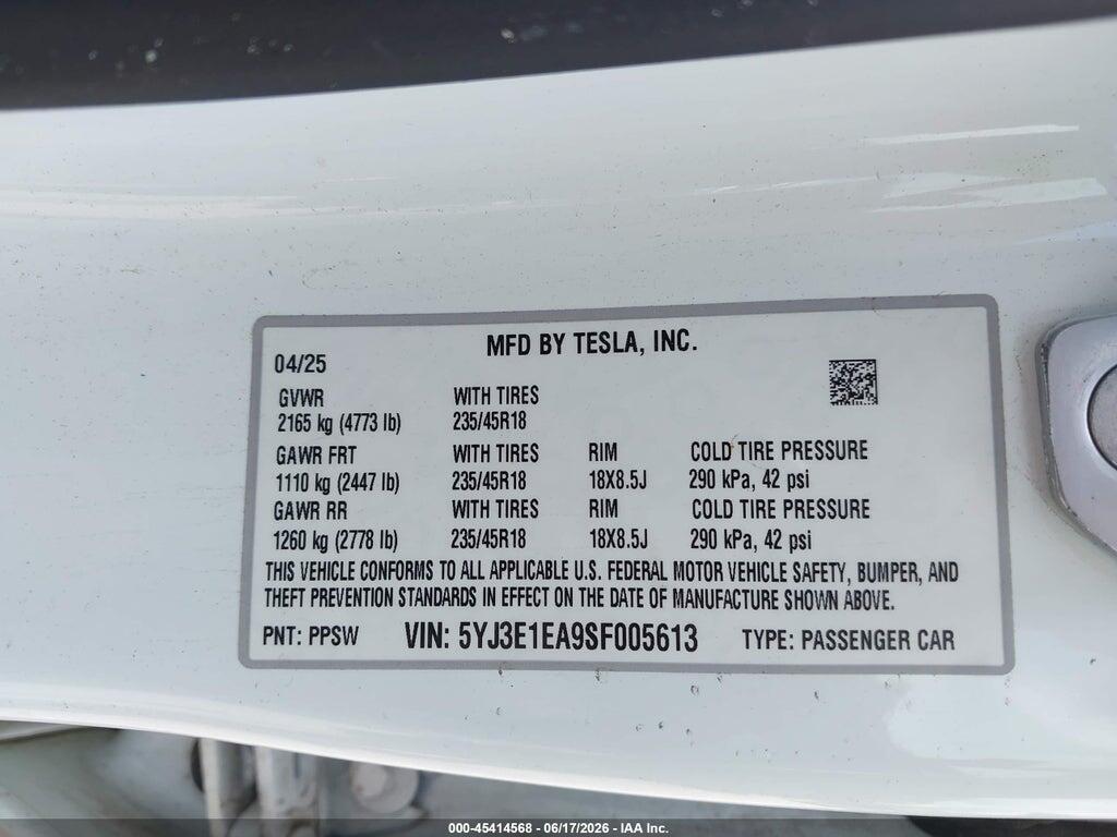 5YJ3E1EA9SF005613 2025 TESLA MODEL 3 photo no. 9