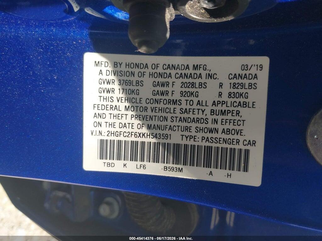 2HGFC2F6XKH543591 2019 HONDA CIVIC photo no. 9