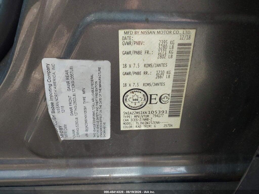 5N1AZ2MS1KN105391 2019 NISSAN MURANO photo no. 9