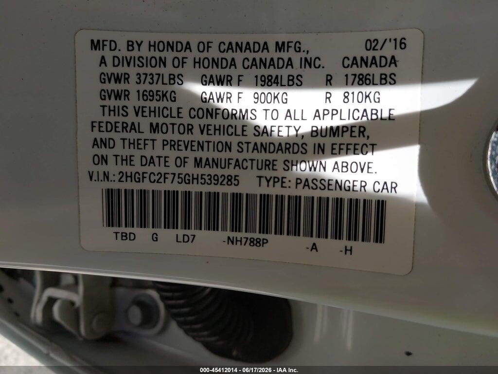 2HGFC2F75GH539285 2016 HONDA CIVIC photo no. 9