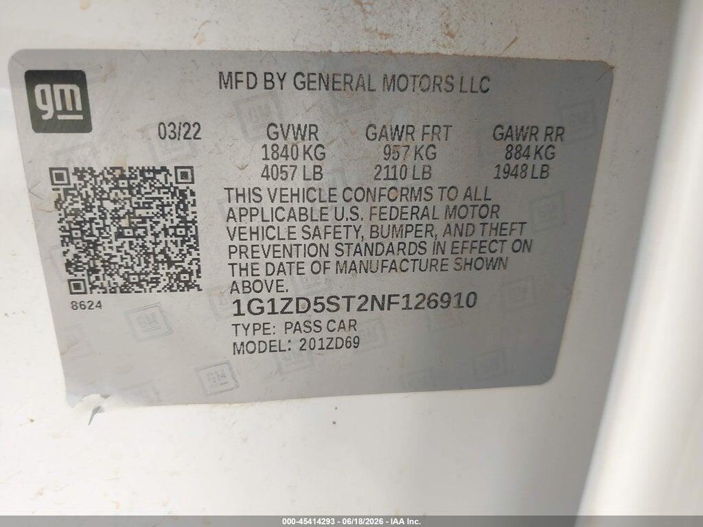 1G1ZD5ST2NF126910 2022 CHEVROLET MALIBU photo no. 9