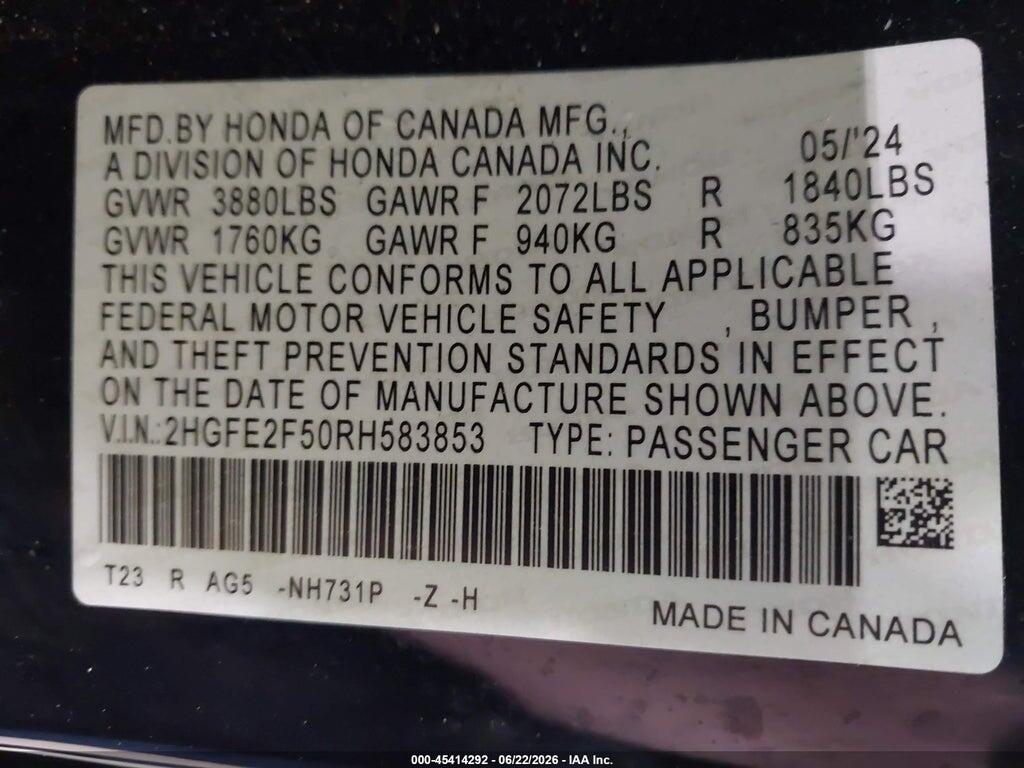 2HGFE2F50RH583853 2024 HONDA CIVIC photo no. 9