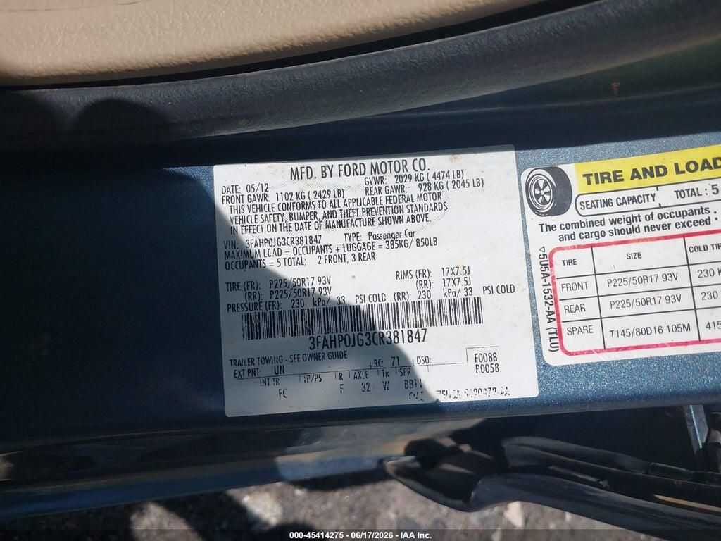 3FAHP0JG3CR381847 2012 FORD FUSION photo no. 9