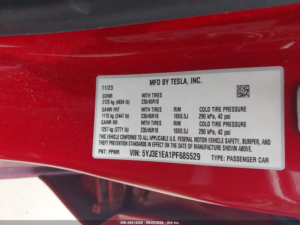 5YJ3E1EA1PF685529 2023 TESLA MODEL 3 photo no. 9