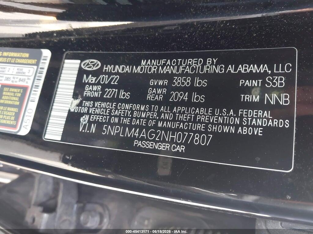 5NPLM4AG2NH077807 2022 HYUNDAI ELANTRA photo no. 9