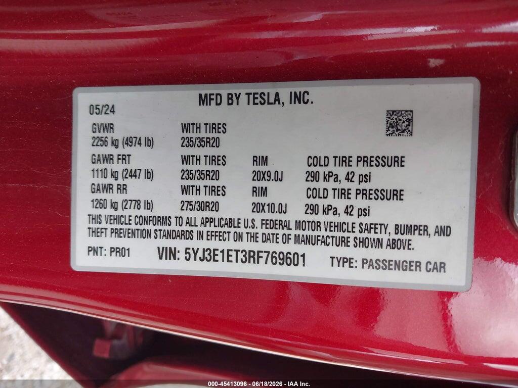 5YJ3E1ET3RF769601 2024 TESLA MODEL 3 photo no. 9