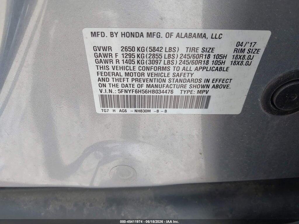 5FNYF6H56HB034476 2017 HONDA PILOT photo no. 9