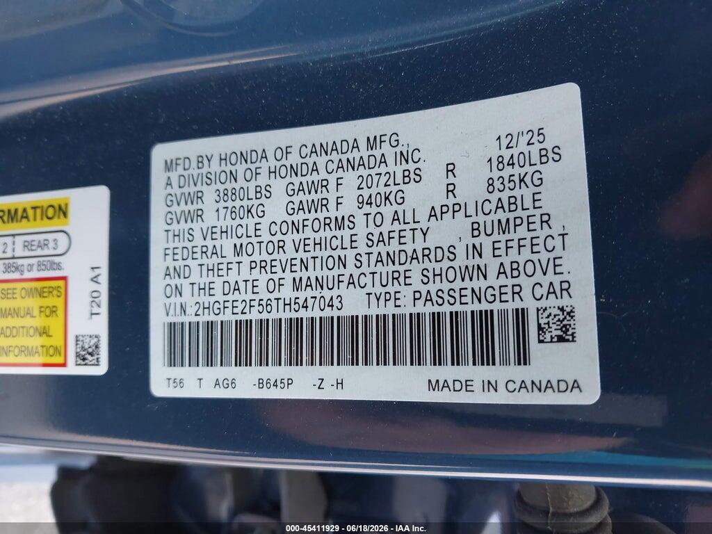 2HGFE2F56TH547043 2026 HONDA CIVIC photo no. 9