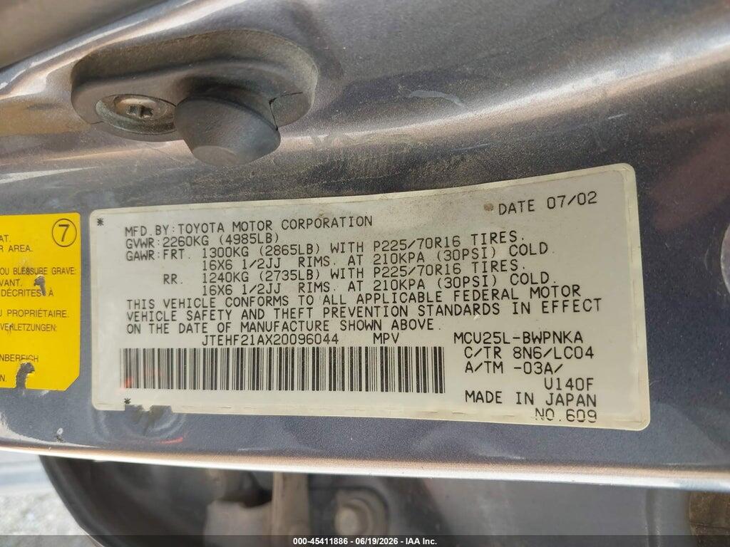 JTEHF21AX20096044 2002 TOYOTA HIGHLANDER photo no. 9