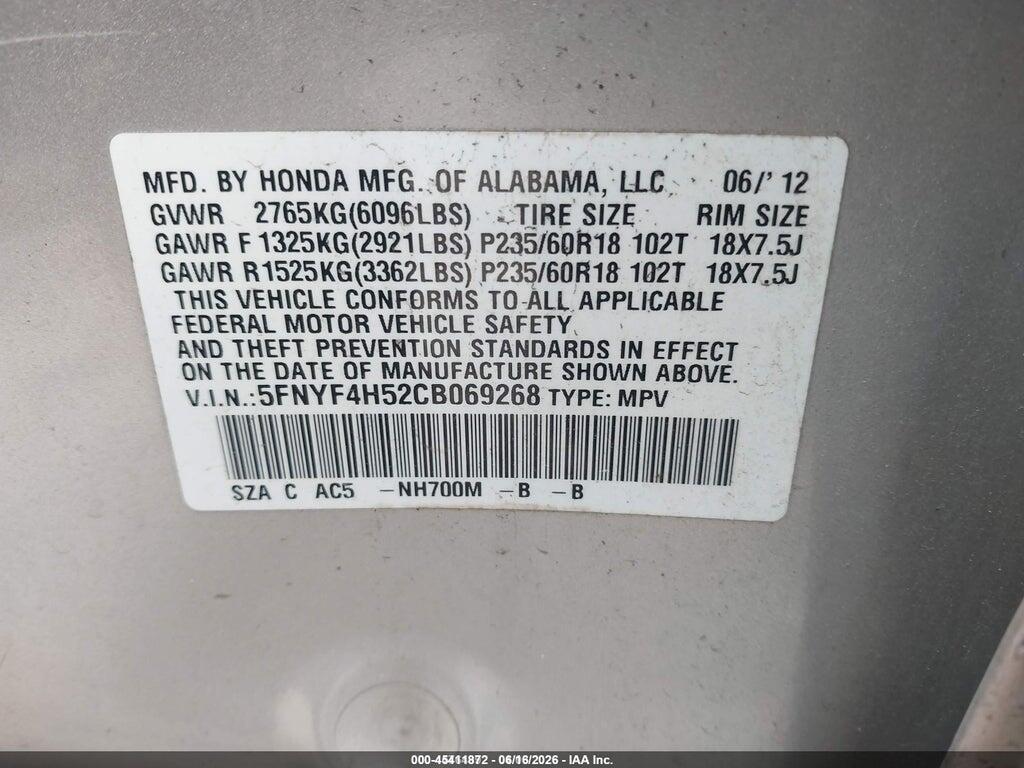 5FNYF4H52CB069268 2012 HONDA PILOT photo no. 9