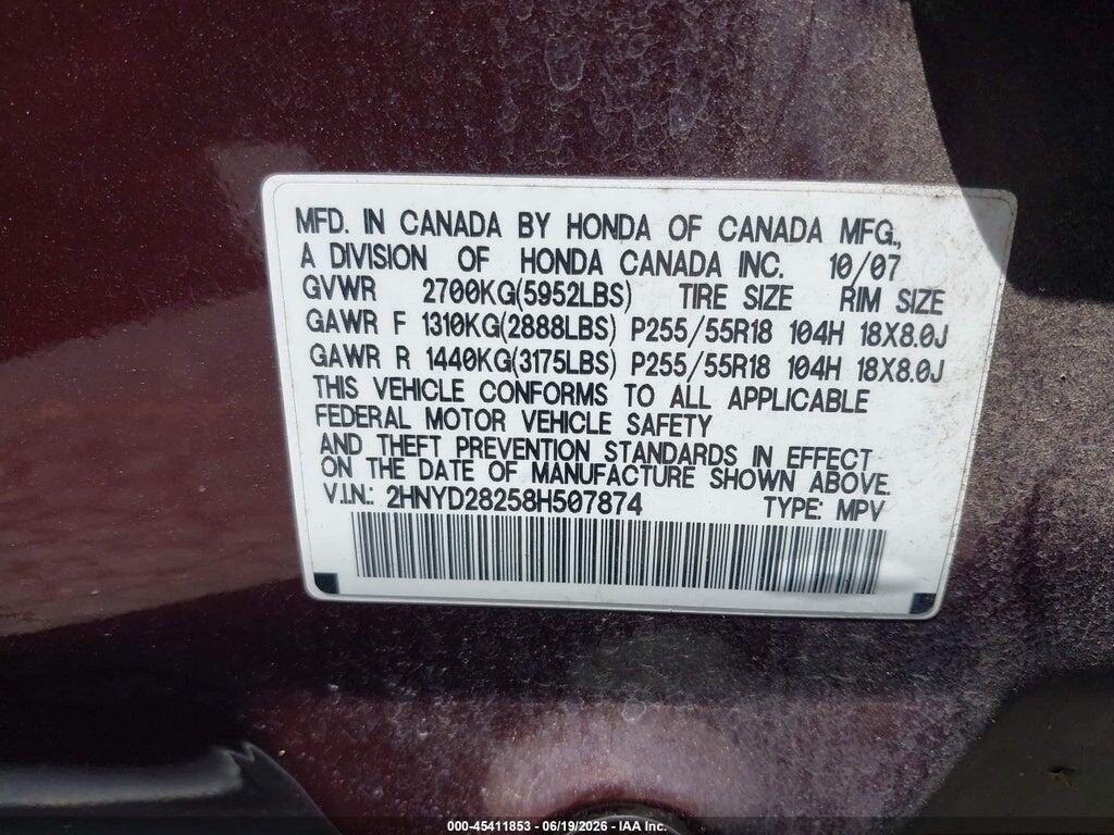 2HNYD28258H507874 2008 ACURA MDX photo no. 9