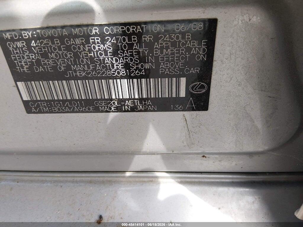JTHBK262285081264 2008 LEXUS IS 250 photo no. 9