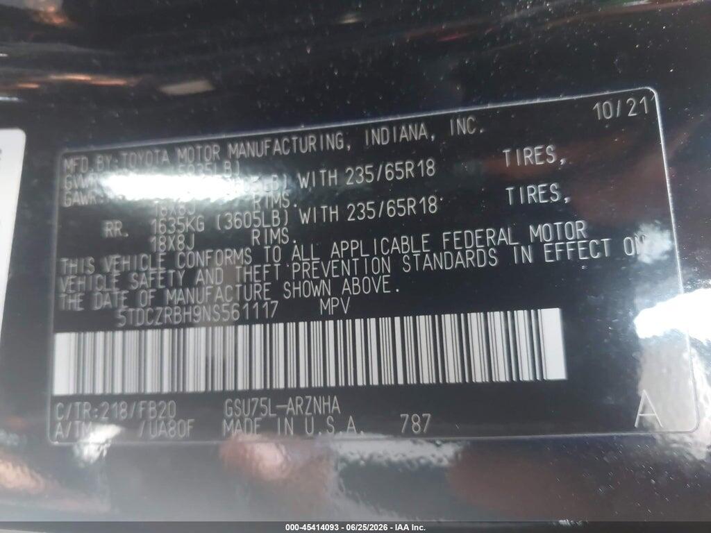 5TDCZRBH9NS561117 2022 TOYOTA HIGHLANDER photo no. 9
