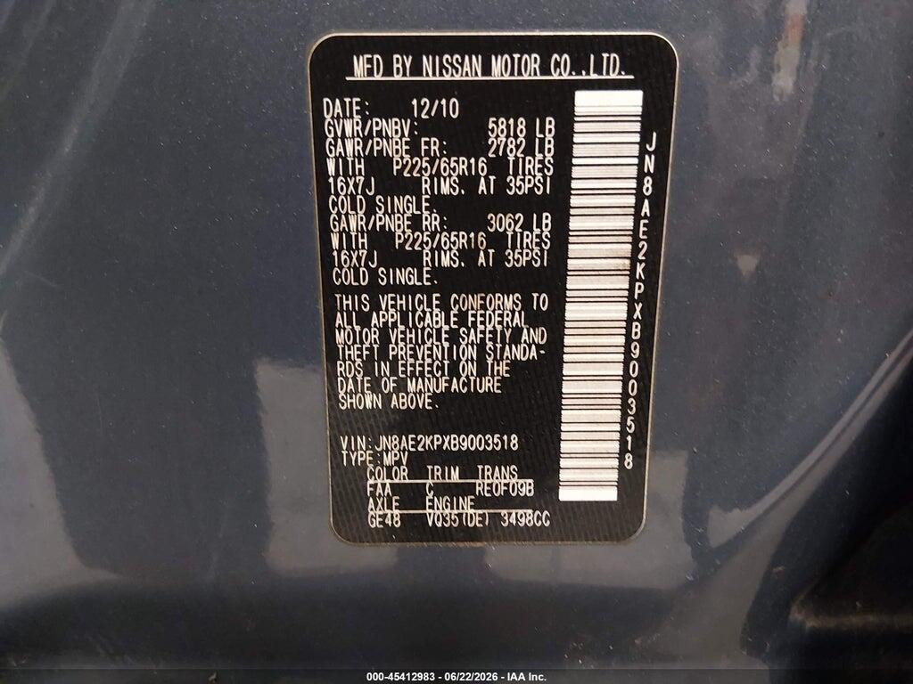 JN8AE2KPXB9003518 2011 NISSAN QUEST photo no. 9