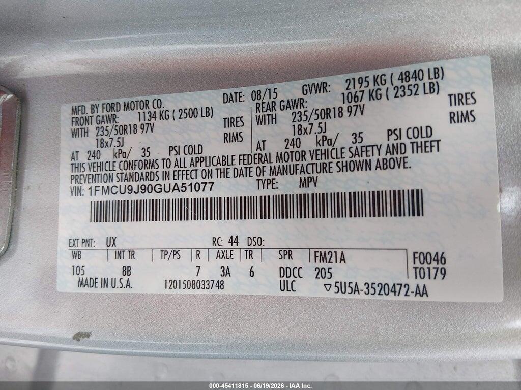 1FMCU9J90GUA51077 2016 FORD ESCAPE photo no. 9