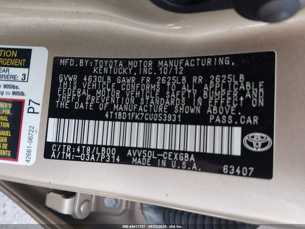 4T1BD1FK7CU053931 2012 TOYOTA CAMRY HYBRID photo no. 9