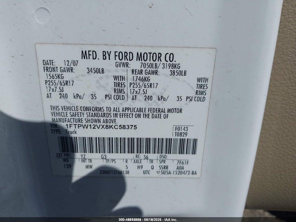 1FTPW12VX8KC58375 2008 FORD F-150 photo no. 9