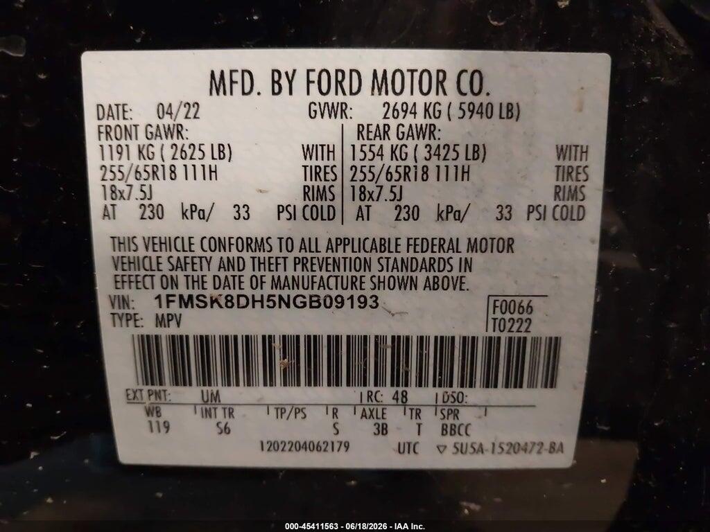 1FMSK8DH5NGB09193 2022 FORD EXPLORER photo no. 9