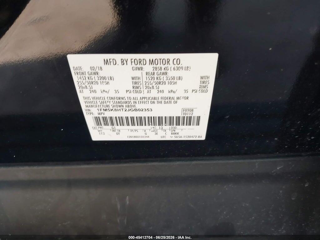 1FM5K8HT2JGB02353 2018 FORD EXPLORER photo no. 9