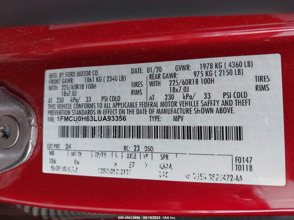 1FMCU0H63LUA93356 2020 FORD ESCAPE photo no. 9