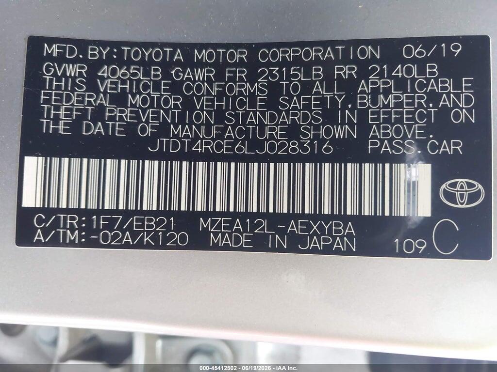 JTDT4RCE6LJ028316 2020 TOYOTA COROLLA photo no. 9