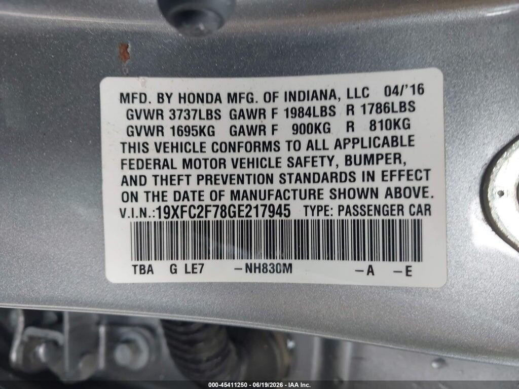 19XFC2F78GE217945 2016 HONDA CIVIC photo no. 9