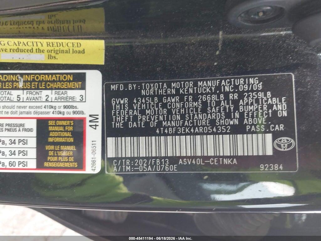 4T4BF3EK4AR054352 2010 TOYOTA CAMRY photo no. 9