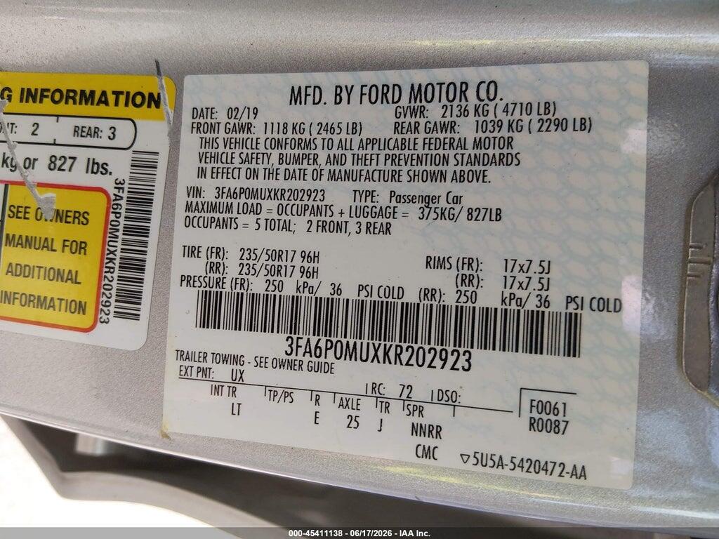 3FA6P0MUXKR202923 2019 FORD FUSION HYBRID photo no. 9