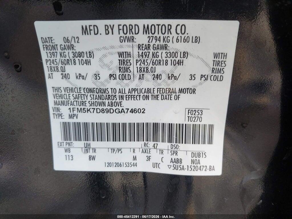 1FM5K7D89DGA74602 2013 FORD EXPLORER photo no. 9