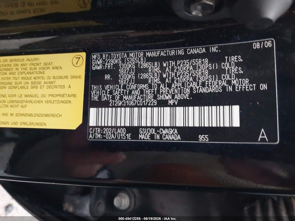 2T2GK31U67C017229 2007 LEXUS RX 350 photo no. 9